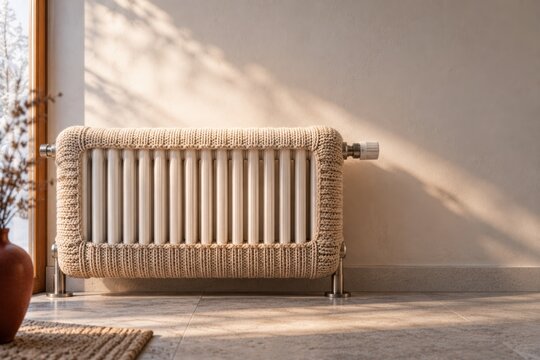 Household Radiator Wrapped in Wool Knit as Heat Retention Metaphor