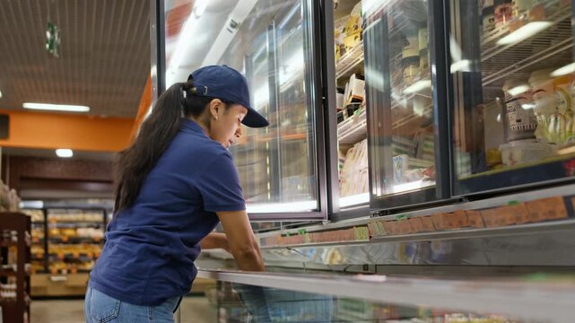 Hispanic female supermarket employee restocking frozen goods inside commercial refrigerator shelves, side view. Footage fits retail marketing and workforce training projects