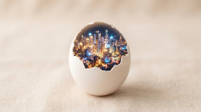 A miniature glowing modern city skyline with illuminated skyscrapers nestled inside a cracked white eggshell resting on a neutral textured fabric surface