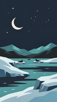 wide angle vector arctic landscape animation showing cute seals resting on ice floes