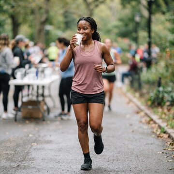 Fit Black Woman Running in Park Drinking Water During Race Event