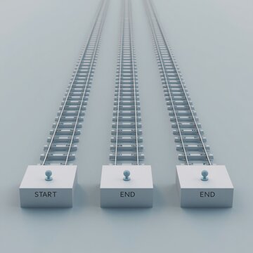 Three parallel railway tracks with buffer stops labeled START and END, minimalist 3D render in soft blue-gray tones, concept of choices, decisions and different paths