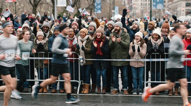 Excited crowd cheers for runners during a marathon event on a cold day