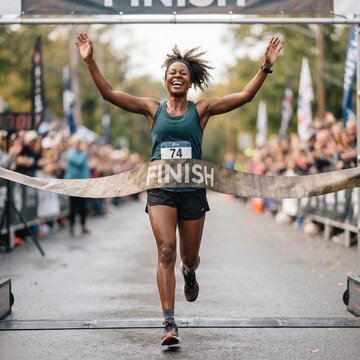 Joyful female runner crosses finish line with arms raised in triumph at race event