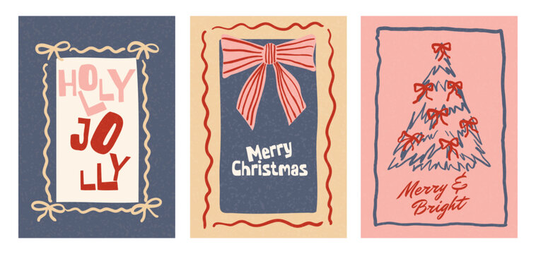Contemporary Hand Drawn Christmas Greeting Card Design Set With Typography Frame.