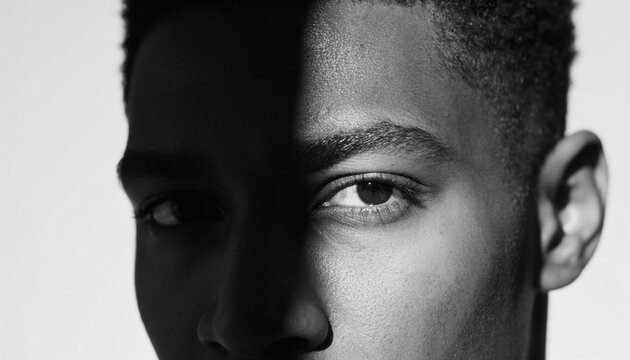 Capturing adult male face in studio, revealing sharp vertical shadow and bright catchlight