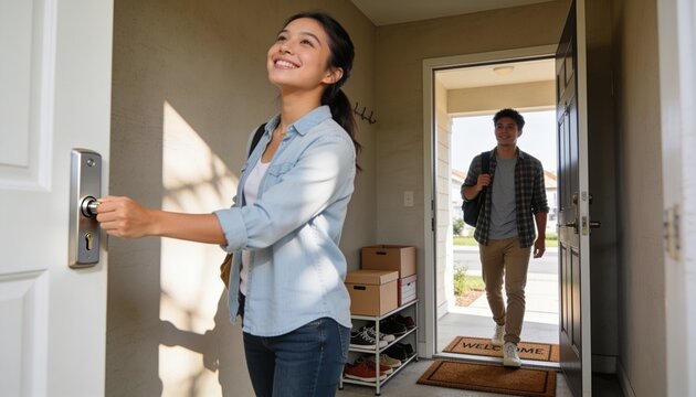 Turning woman in denim reaching for front door knob at foyer, with boxes, backpack, copy space