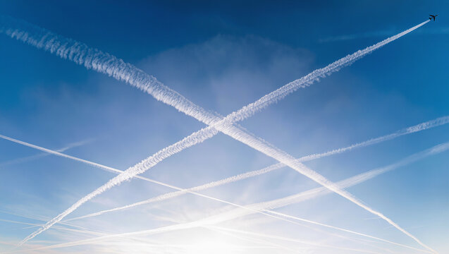 crossing white airplane contrails forming a large x pattern in a deep blue sky with a small jet at the corner, wide aviation photography, conceptual crossroads of travel and aerial connection concept