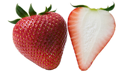 Fresh whole red strawberry and a sliced half showing white interior texture © Ludwig