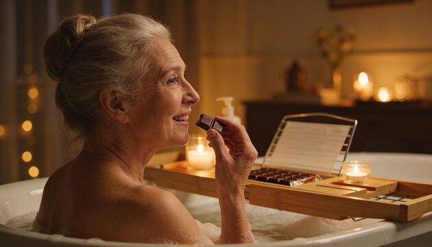 Relaxing senior woman holding chocolate near mouth in bubble tub, with bath tray, tablet, candles