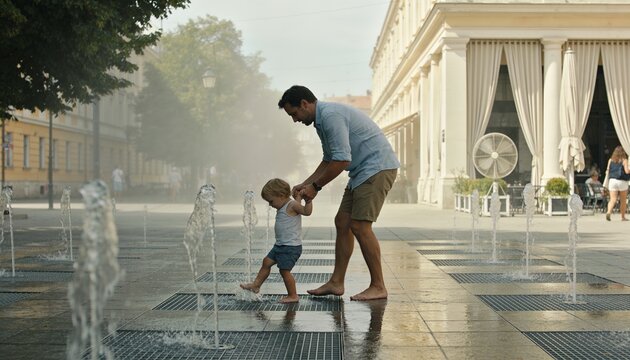 Holding toddler, father wearing blue shirt and khaki shorts guiding across water jets at plaza