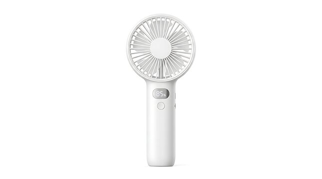 Portable Fan on White: A sleek, white portable electric fan rests on a clean white surface, its compact design promising cool breezes on the go.