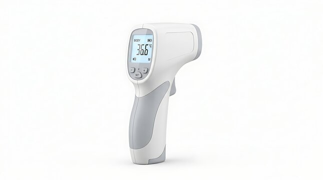 Infrared Thermometer for Health Monitoring: A white infrared thermometer, designed for non-contact temperature measurement, displays a normal reading on its digital screen, ready for health checks.