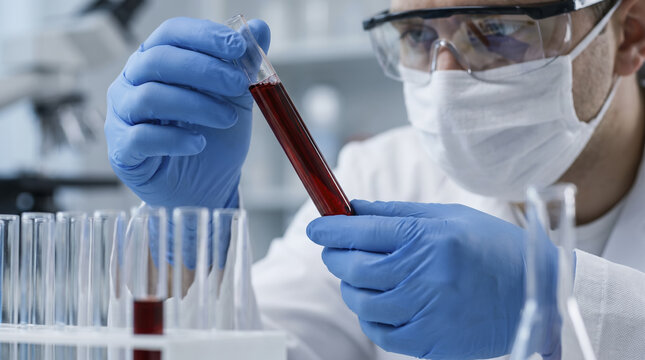 Scientist examines test tube containing red liquid inside modern research laboratory. Focused researcher wears protective face mask while analyzing biological fluid sample carefully.