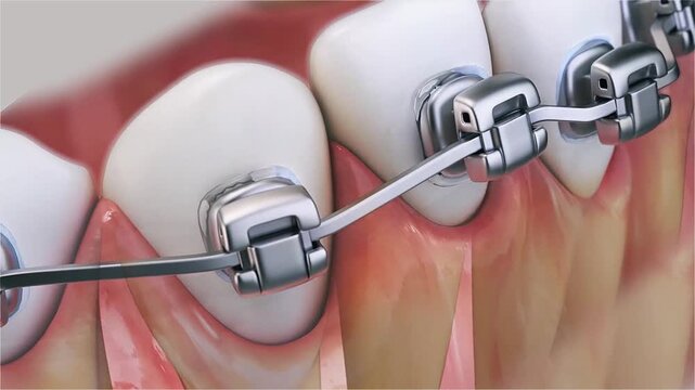 3D Dental Animation Demonstrating the Gradual Realignment of Abnormal Teeth Through Orthodontic Braces-A Close View.