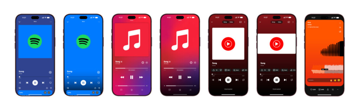 Music streaming app interfaces collection including Spotify, Apple Music, YouTube Music, and SoundCloud mockups on smartphones.