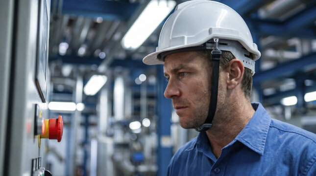 Serious technician in white hard hat monitors industrial machinery inside factory. Focused professional inspects control panel console while managing manufacturing plant operation safely.