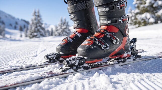 Ski boots attached to alpine skis rest securely on freshly groomed snow slope. Ski boots display buckled clasps while bindings hold ski gear steady under bright winter sunlight outdoors.