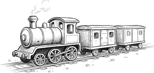 Vintage steam locomotive train with cargo wagons on railway track hand drawn sketch engraving vector illustration © MDRIFAT