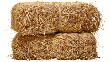 Two stacked rectangular dry golden yellow hay bales tied with twine © Gaspard