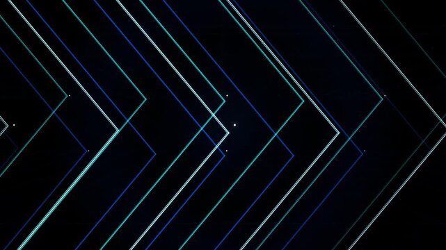 Neon blue geometric arrow motion background, futuristic digital tech abstract pattern loop arrows d
