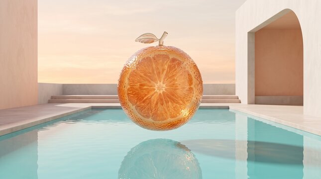 Surreal Glass Orange Floating Above a Turquoise Pool.
Translucent glass orange floating above a turquoise pool in a surreal minimalist setting.