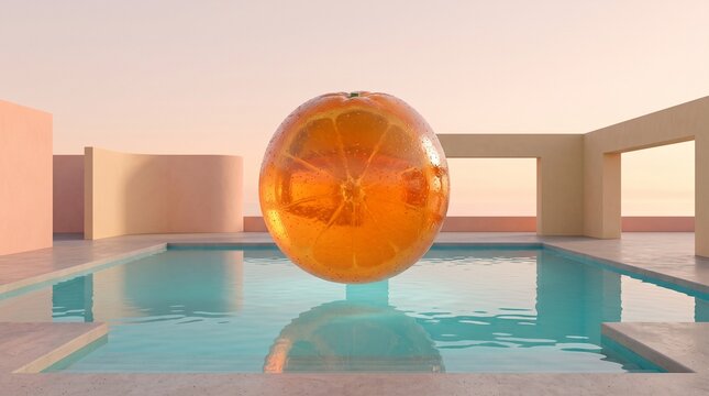 Surreal Glass Orange Floating Above a Turquoise Pool.
Translucent glass orange floating above a turquoise pool in a surreal minimalist setting.
