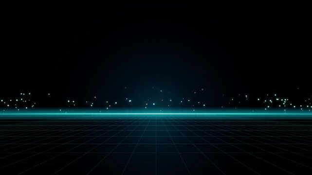 Neon cyberpunk digital grid background, with floating data, particles and glowing, horizon line