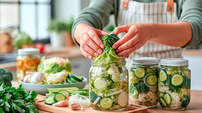 Woman preparing fermented vegetables in glass jars with cabbage, cucumber, broccoli and herbs, homemade pickling and food preservation concept
