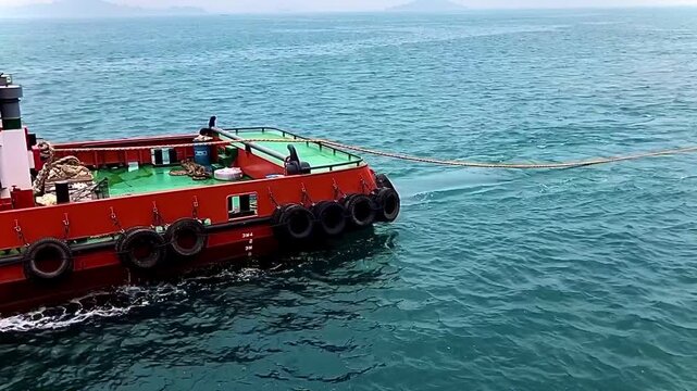 Powerful orange tugboat towing vessel at sea. Heavy duty marine tug boat pulling barge with thick rope on blue ocean water, maritime industry and shipping transportation.