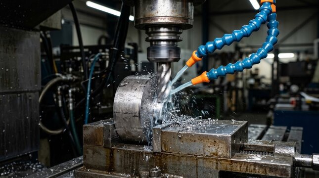 A close-up shot of a cnc machine coolant system spraying fluid onto a metal part while a milling cutter shapes the surface in an industrial workshop environment