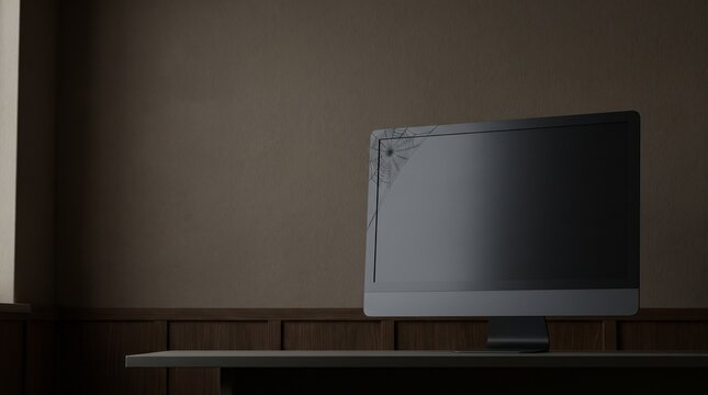 Abandoned Computer Monitor with Cobweb on Desk in Dark Room