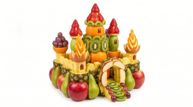 Fruit castle made with strawberry kiwi pineapple apple pear orange