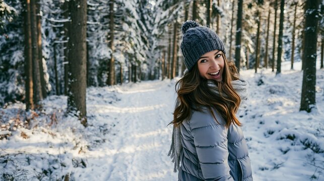Young woman hiking through a snowy pine forest in winter