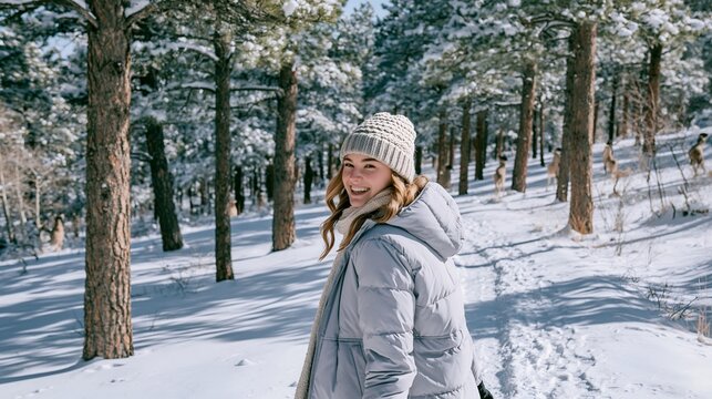 Young woman hiking through a snowy pine forest in winter