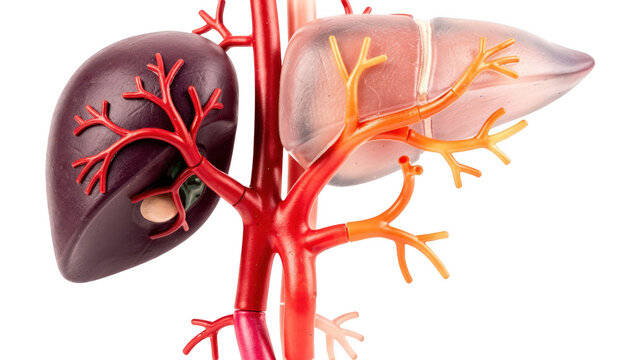 Closeup of a colorcoded anatomical model showing simplified arterial blood supply to the spleen and liver with marked segments illustrating potential blockage sites on a transparent background.