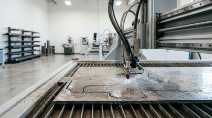 Obraz na płótnie Canvas A close up view of a modern cnc machine coolant process cutting through thick metal plate with water spray in a bright industrial manufacturing facility, underscoring the waterjet cutter