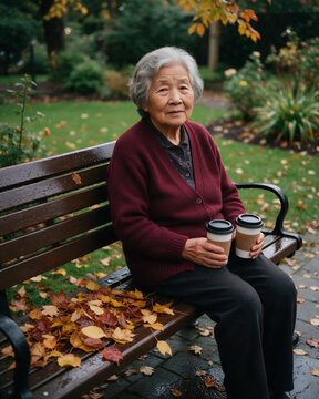 An elderly Asian grandmother holding two cups of coffee on a wet wooden bench, portraying the quiet harmony of a person and autumn park.
