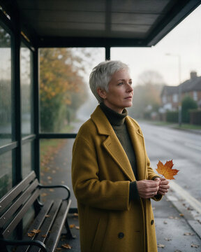 A thoughtful mature woman holding an orange maple leaf at a foggy bus stop, capturing the connection between human and autumn season.