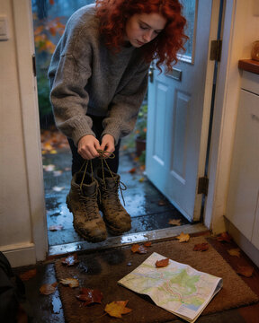 Young hiker holding muddy boots at the open door with an autumn map, showing a person and autumn outdoor hiking lifestyle.