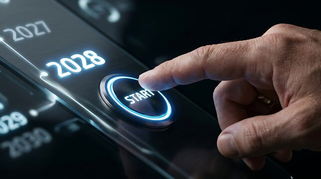 Man Hand Pressing Glowing Start Button for Year 2028 Business Vision and Future Innovation Concept