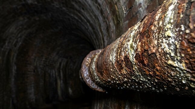 Rusted Pipe Extending Into Dark Circular Well