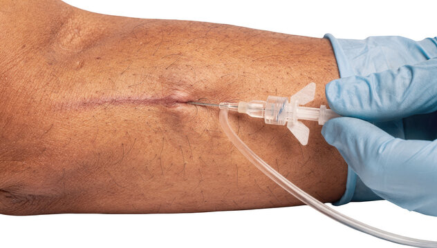 Venous blood collection for endocrine testing featuring a diverse patients forearm and butterfly needle on a transparent background.