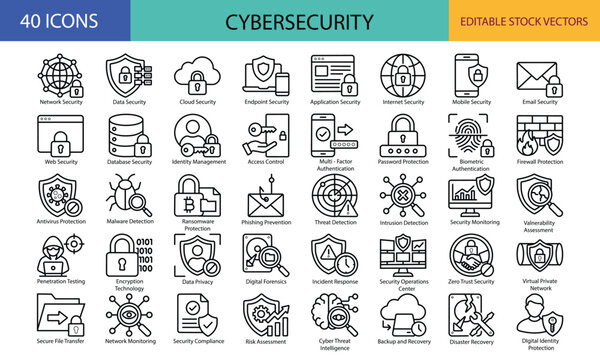 Set of 40 cybersecurity line icons for data protection and network security operations