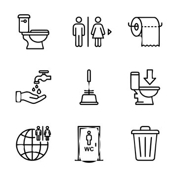 Restroom and bathroom line art symbol set with toilet hand wash and hygiene icons