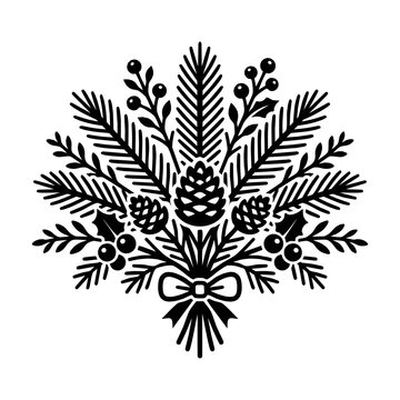 Christmas pine branch bouquet graphic with evergreen foliage and holiday berries symbol