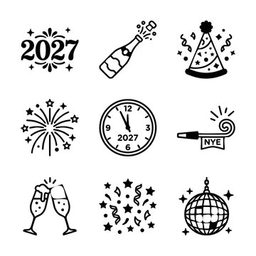 New year celebration icons set with champagne and fireworks graphic