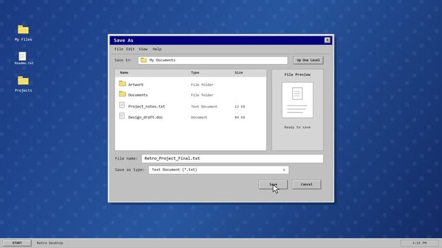 Retro computer interface saving a digital file on blue background