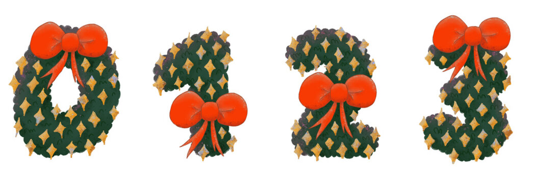 Christmas wreath-themed number 0 to 9 with decorative stars and a bow in a watercolor style.