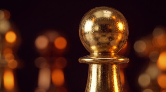 A golden metallic chess pawn stands prominently against a blurred dark background game strategy boardgame competition intellect thinking gambit checkmate tournament brass gold-colored polished shiny